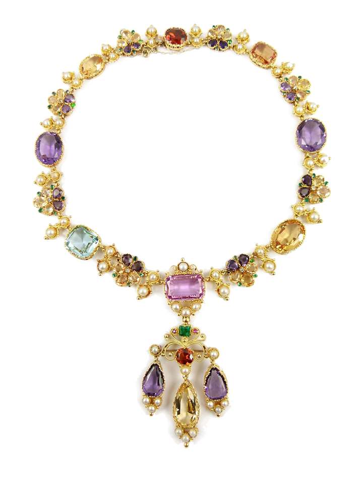19th century vari-coloured gem, pearl and gold cluster pendant necklace